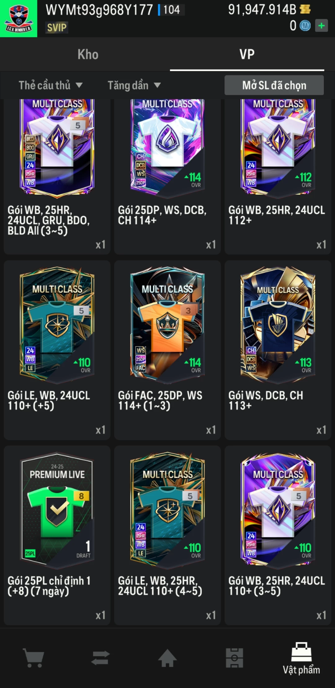 Ảnh ACC mở thẻ (LOẠI SUPER VIP) bao gồm có hơn 900+ đến 1100+ thẻ cầu thủ từ Siêu sao đến Miền núi các loại (ngẫu nhiên có: 01 thẻ +12 và 03 thẻ PRIME QH, XS, CP...) Acc có sẵn BP trắng từ 80.000 tỷ BP đến 120.000 tỷ BP kèm theo nhiều ngày SVIP